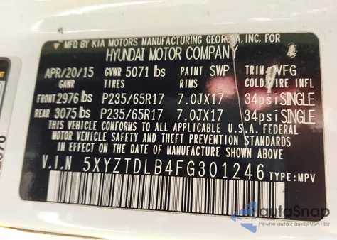 2015 Hyundai Santa Fe Sport 2.4L from USA, damaged, VIN 5XYZTDLB4FG301246